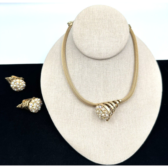 VTG AB Rhinestone Pearl Choker Necklace Clip Earrings Cone Gold Mesh Chain 1960 - Picture 1 of 9